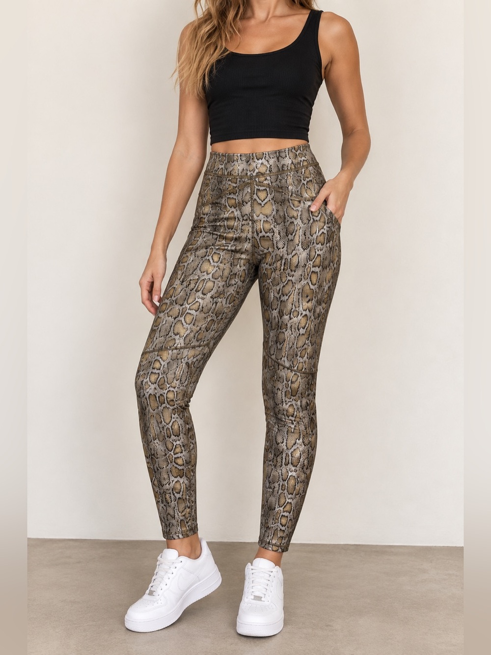 Free People Rio Python Snakeskin Pull-On Leggings Metallic Gold Brown Size S/P
